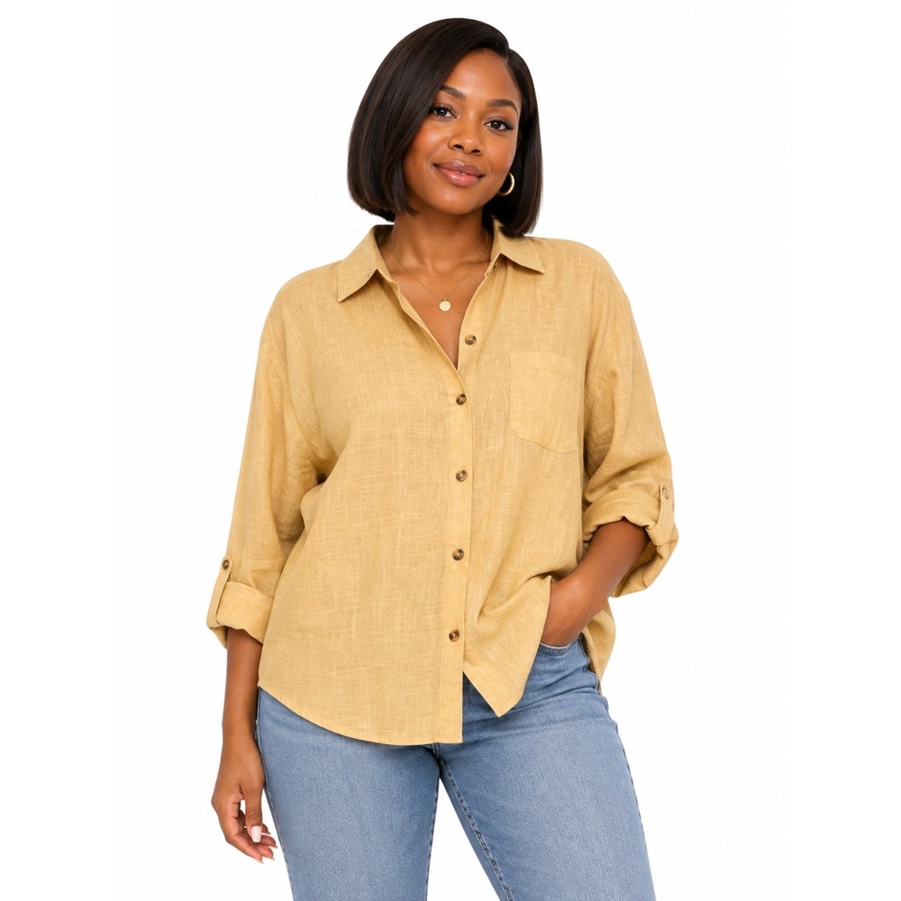ZAAYO Womens Mustard Yellow 100% Cotton Roll Tab Sleeve Button Up Shirt Size M